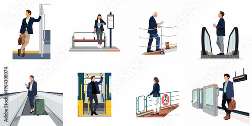 Collection of flat vector illustrations showing diverse people commuting and traveling using various modes of public transport and urban transit infrastructure.