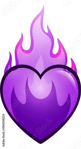 Purple heart with flame icon symbol.