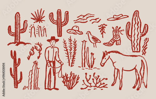 Hand Drawn Western Desert Clipart Set Cowboy Horse Cactus Boots Hat Doodles