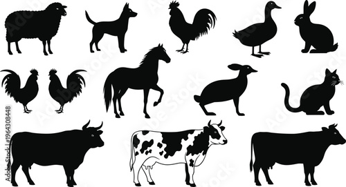Black silhouette collection of farm animals and pets including cow horse sheep dog cat rabbit and rooster isolated on white.