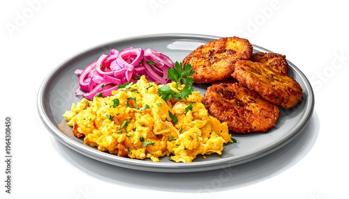 A composed plate with scrambled eggs, fried plantains, and pickled onions, garnished with parsley on a gray plate