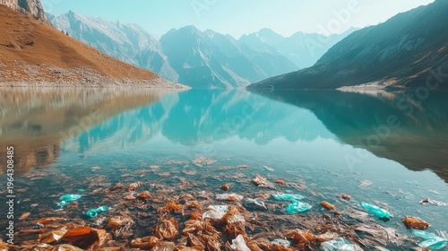 Garbage floats near the surface of a serene mountain lake reflecting the sky and distant peaks