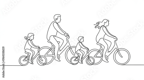 Continuous line drawing of a family cycling together representing outdoor activity and healthy lifestyle perfect for concept art and design
