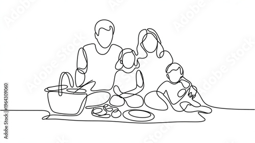 Continuous line drawing of a happy family enjoying a picnic simple minimalist illustration for lifestyle and leisure concepts isolated on white