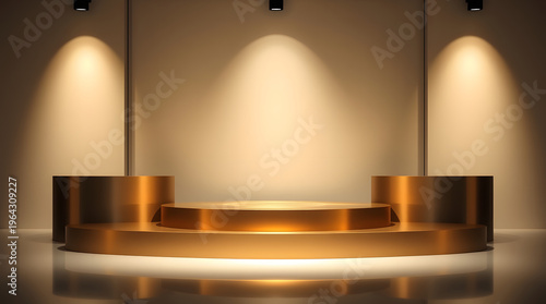 Golden stage with spotlights and reflective floor, ideal for awards ceremonies or product launches