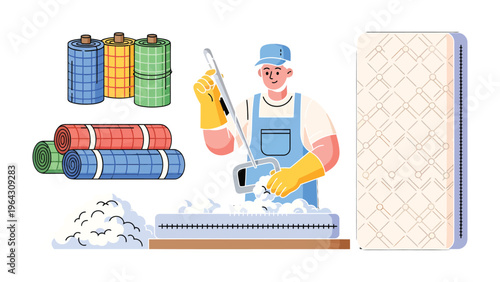 Mattress Foam Production: A craftsman meticulously works on mattress foam production, displaying different material rolls for different applications.