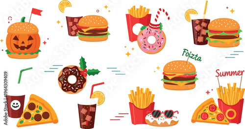 Seasonal fast food icons set with burger fries pizza donut drinks summer fiesta themed vector illustration isolated on white background