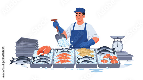Fishmonger's Bounty: A smiling fishmonger stands behind a fresh display of fish, showcasing a variety of seafood, and creating an inviting scene.