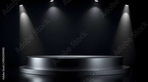 Empty circular metallic podium with bright spotlights on a dark stage, ideal for product presentations, virtual displays, or award ceremonies, creating a sophisticated and focused atmosphere