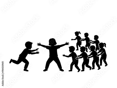 A black silhouette graphic of children playing the traditional tag game known as eagle catching the chicks, isolated on a white background.