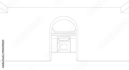 Minimalist architectural drawing of a modern bathroom with archway