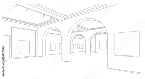 Empty Art Gallery Interior - Sketch Line Drawing of Exhibition Space