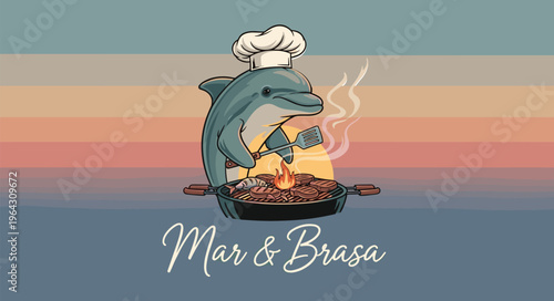 Retro cartoon dolphin chef grilling seafood on a barbecue over flames with a vintage sunset background and Mar & Brasa text.
