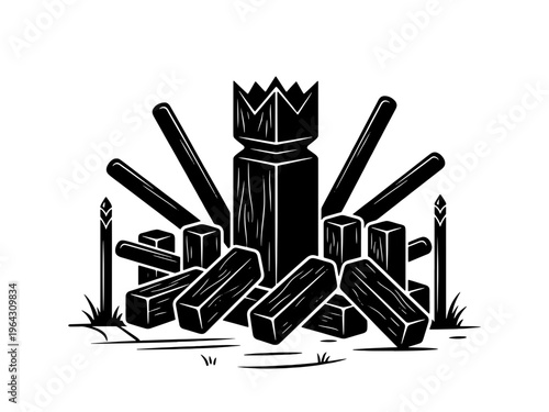 A stylized black and white vector illustration of the Swedish lawn game Kubb, featuring the king piece, batons, and wooden blocks.