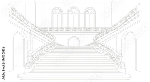 Elegant Grand Staircase Drawing, Classic Architectural Design, Interior Line Art