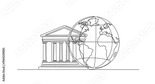 Global Institution Building Icon: Line Art of Earth and Classic Architecture