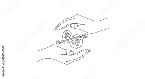 Hands protecting ancient musical instrument, abstract line art, cultural heritage concept