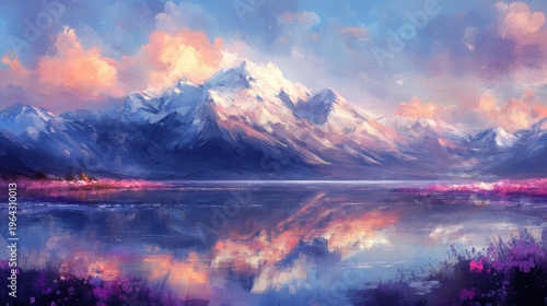 Majestic Snow-Capped Mountains Reflecting in a Calm Lake Under a Colorful Cloudy Sky