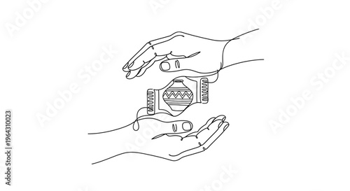 Hands protect small ornate pot, single line drawing, abstract concept of care and preservation