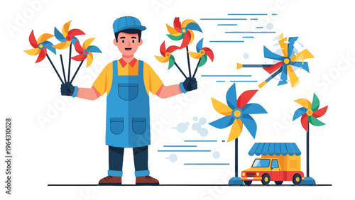 Whimsical Windmill Vendor: A cheerful artisan proudly showcases a vibrant array of pinwheels. A mobile stall suggests a journey of happiness