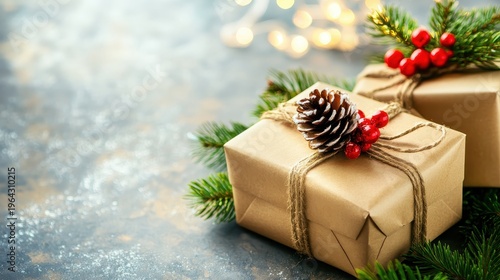 Rustic Christmas Gift Wrapped with Pinecone and Berries, Illuminated by Festive Lights