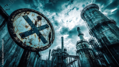 Rusty Industrial Plant with Warning Sign Under Cloudy Sky, Representing Pollution and Danger