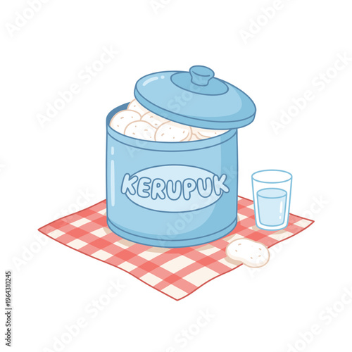 Kerupuk Jar with Crackers and Glass of Water