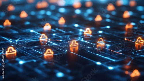 Secure digital cloud network with glowing encryption symbols and data pathways