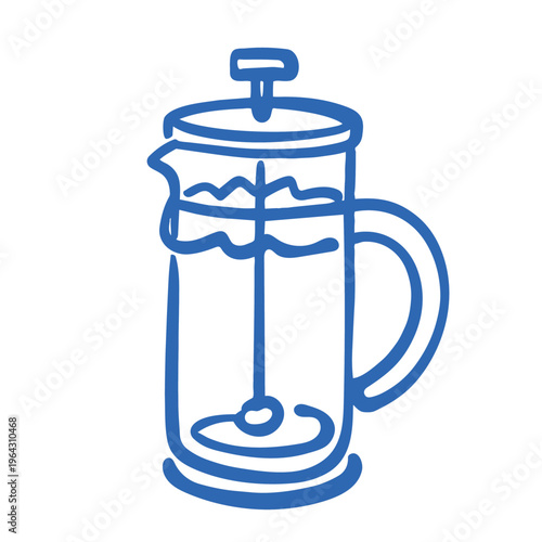 A line art illustration of a French press coffee maker, ideal for café branding, coffee-related product packaging, or menu designs for premium coffee offerings.