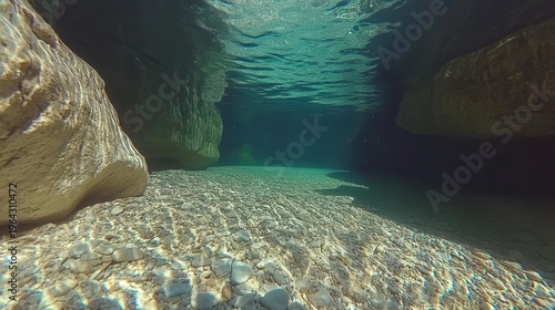 Serene underwater scene of a clear ocean cave with sunlight filtering through the surface and illuminating pebbles on the seabed.
