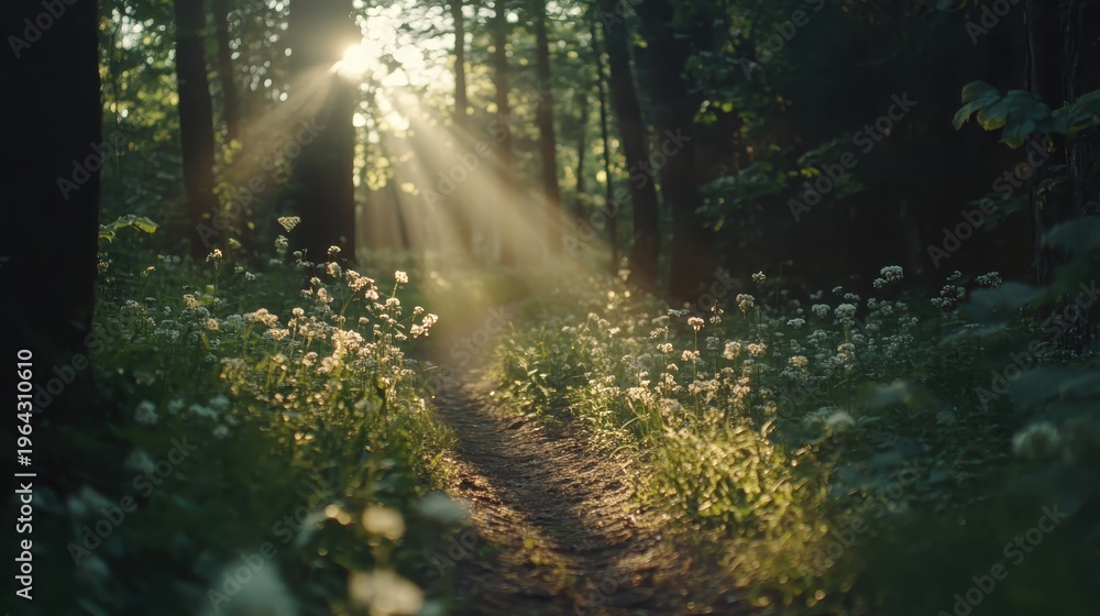 Obraz premium Sunbeams pierce through dense forest canopy illuminating a flower-lined path in the early morning light