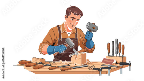 Woodcarver at Work: A skilled artisan, absorbed in their craft, meticulously carves wood, transforming raw material into a work of art. The scene captures the essence of creation, dedication.