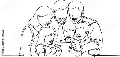 Family Using Smartphone Together Continuous Line Drawing Hand Drawn Vector