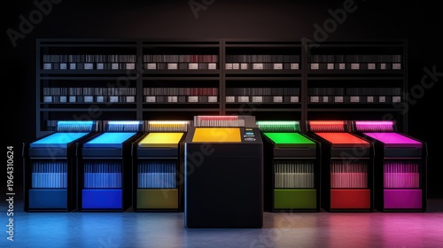 Rows of Vintage Jukeboxes Glowing with Vibrant Neon Lights in a Dark Modern Display Setting