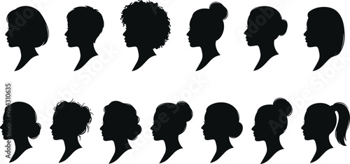 Collection of fourteen left facing black vector female head profile silhouettes with diverse hairstyles isolated on white background for beauty and cosmetics graphic design