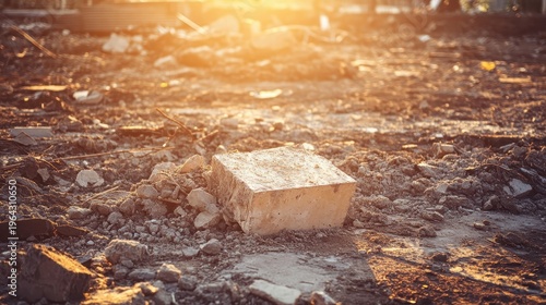 Sunlit rubble and debris scattered across a recently demolished construction site, showcasing urban decay and the remnants of past structures.