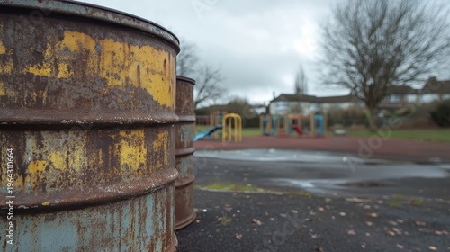 Rusted hazardous waste barrels sit near a suburban park playground under overcast skies