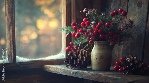 Rustic Christmas Decorations With Red Berries And Pinecones On A Cozy Shelf Near A Frosted Window