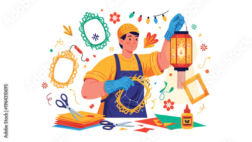 Artisan's Festive Touch: A skilled artisan meticulously crafts a decorative lantern, surrounded by various craft tools, embodying creativity and craftsmanship.