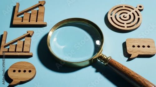 Magnifying Glass Examines Business Success Symbols on a Light Blue Surface for Analysis