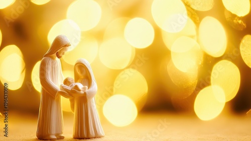 Traditional Nativity Scene with Mary and Joseph holding Baby Jesus in soft, warm, golden light