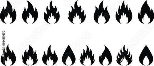 Collection of sixteen black vector fire flame silhouette icons with blue editing path isolated on white background for energy and warning graphic design