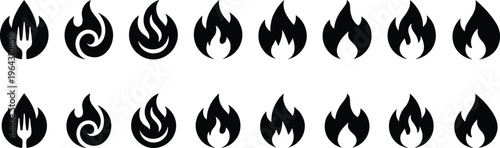 Collection of sixteen black vector fire flame silhouette icons with negative space details isolated on white background for energy and restaurant graphic design