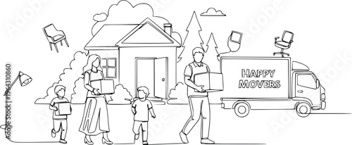 Family Relocation with Moving Truck and Household Items Continuous Line Drawing Vector