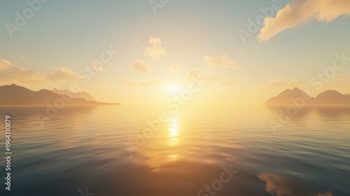 Tranquil ocean sunset with warm golden light reflecting on calm water and distant shores