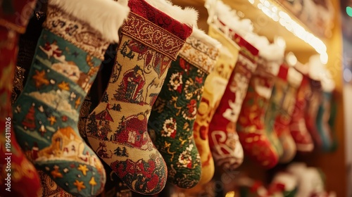Row of colorful Christmas stockings with intricate holiday designs hanging, evoking a warm and festive atmosphere.