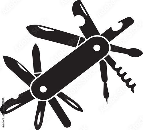 Black Silhouette of a Multi- Tool Pocket Knife with Blades and Tools Extended multi tool