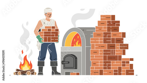 Craftsman's Furnace: A craftsman carefully handles freshly baked bricks near a blazing furnace, exemplifying skill and industry. 