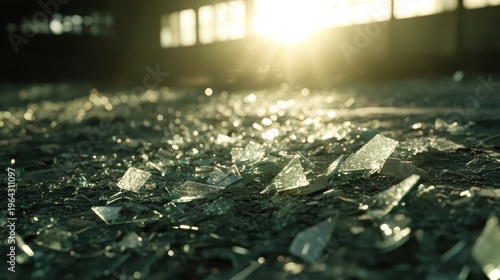 Sunlight Illuminates Scattered Broken Glass Shards on the Floor of an Abandoned Warehouse
