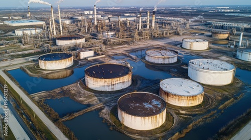 Vast Industrial Oil Refinery Storage Tanks Under a Cloudy Sky, Representing Global Energy Production and Infrastructure